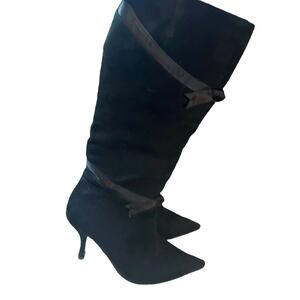 Nina Black Suede and Ribbon High Heel Boots 7 M